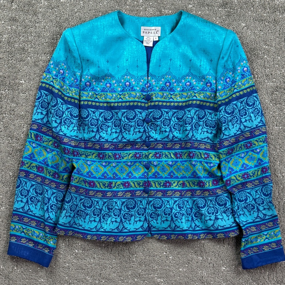 Vintage 90s Adrianna Papell Womens 6 Silk Jacket Turquoise Floral Baroque Boho